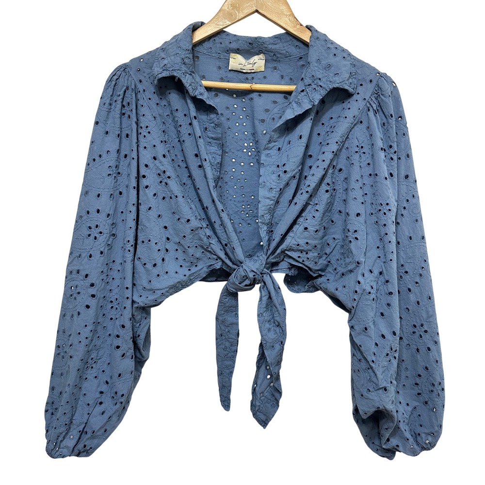 In Italy Eyelet Tie Front Crop Top Women One Size Blue Puff Sleeve Boho Summer